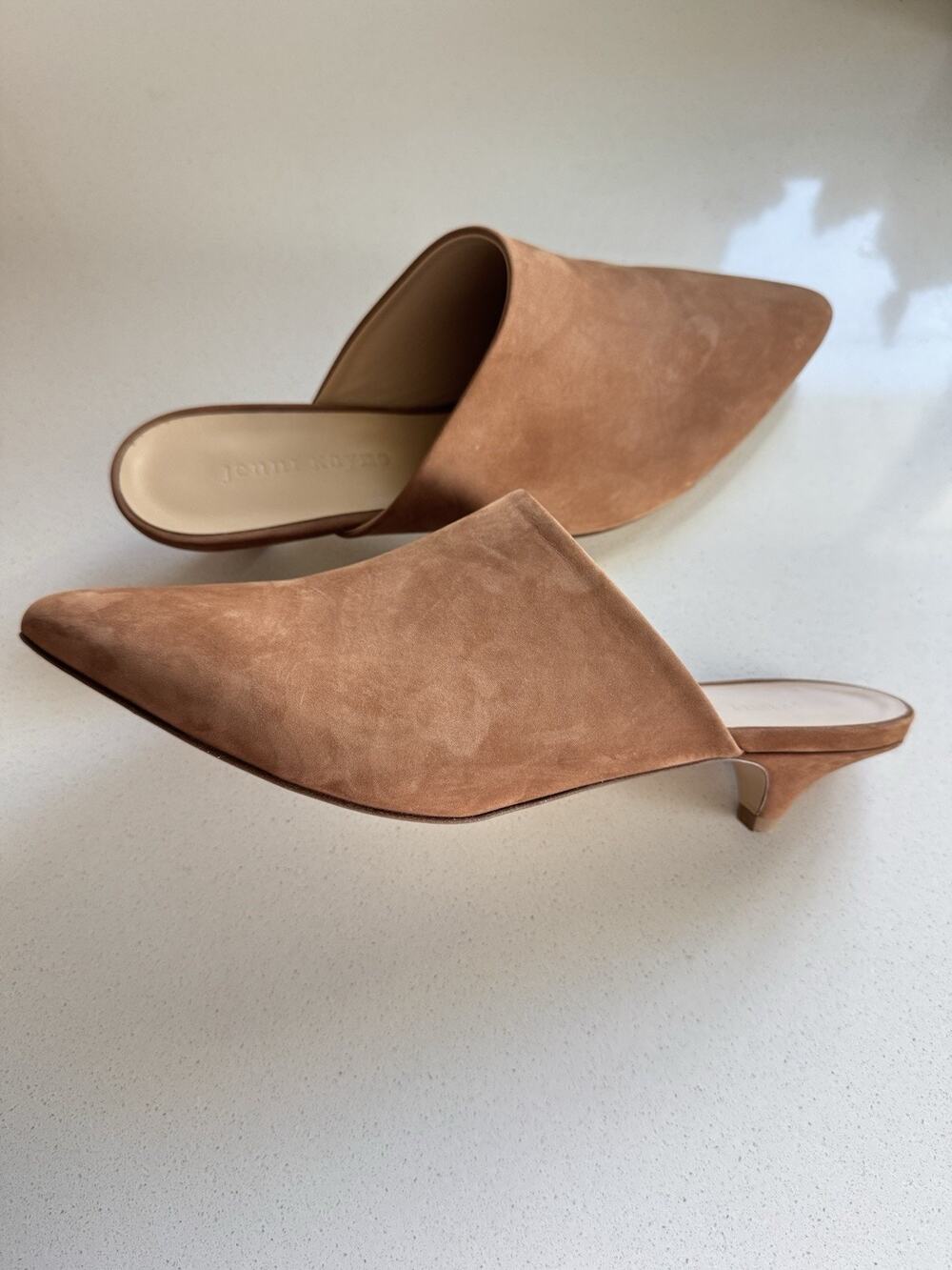 Jenni Kayne Suede Kitten Heel Mules Size 39 US 9 Tan Pointed Toe Shoes Italy